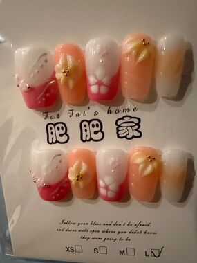 Peach, pink & White Floral 3D handmade Press-On Nail Set